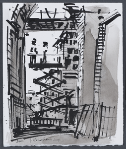 203051 Afbeelding van een hoogwerker in de onderdoorgang van de Domtoren te Utrecht, tijdens de restauratie.